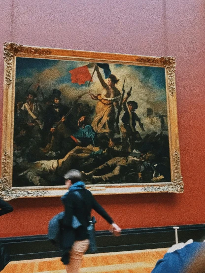 a woman walking past a painting in a museum, inspired by Eugene Delacroix, trending on unsplash, french flag, square, soldiers charging in, low quality photo