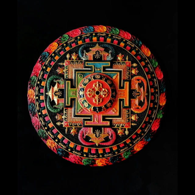 a close up of a decorative object on a black background, an ultrafine detailed painting, by Matthias Stom, flickr, cloisonnism, colorful mandala, yantra, a wooden, wheel