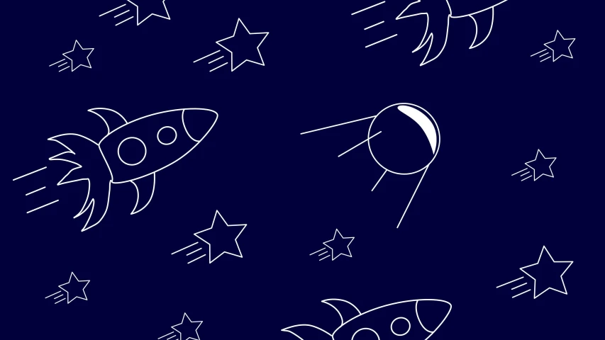 a pattern of rockets and stars on a blue background, trending on pixabay, space art, minimalist line art, lunar busy street, spaceship sketches, monochrome