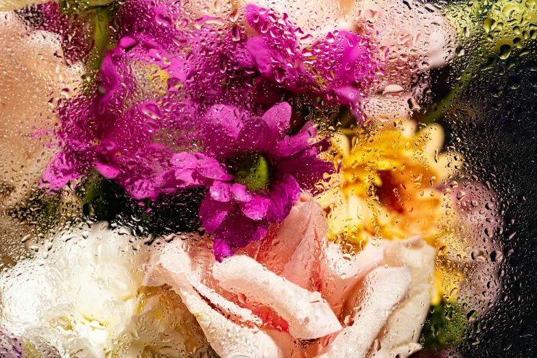 a close up of a bunch of flowers in a vase, jelly - like texture. photograph, peter hurley, facemask made of flowers, summer rain