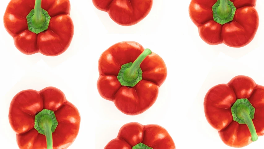 a group of red peppers sitting on top of a white surface, by Nicolette Macnamara, shutterstock contest winner, pop art, birdseye view, six sided, repeatable, designed in blender