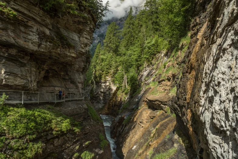 a group of people standing on a bridge over a river, by Otto Meyer-Amden, pexels contest winner, deep chasm, natural stone road, avatar image, panoramic