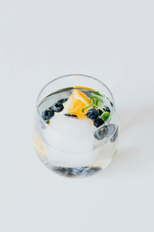 a glass filled with blueberries and orange slices, unsplash, made of ice, basic white background, multiple stories, three quarter shot