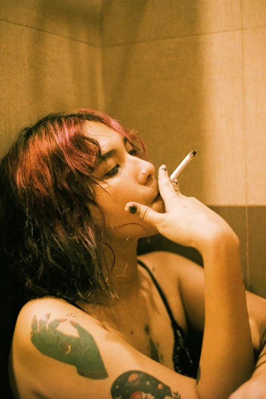 a woman smoking a cigarette in a bathroom, an album cover, trending on pexels, sza, yakuza slim girl, low iso, lesbians