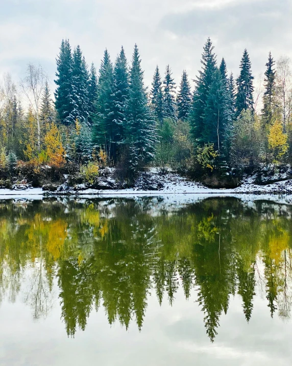 a body of water surrounded by trees covered in snow, rainbow reflection, bright nordic forest, focused photo, during autumn