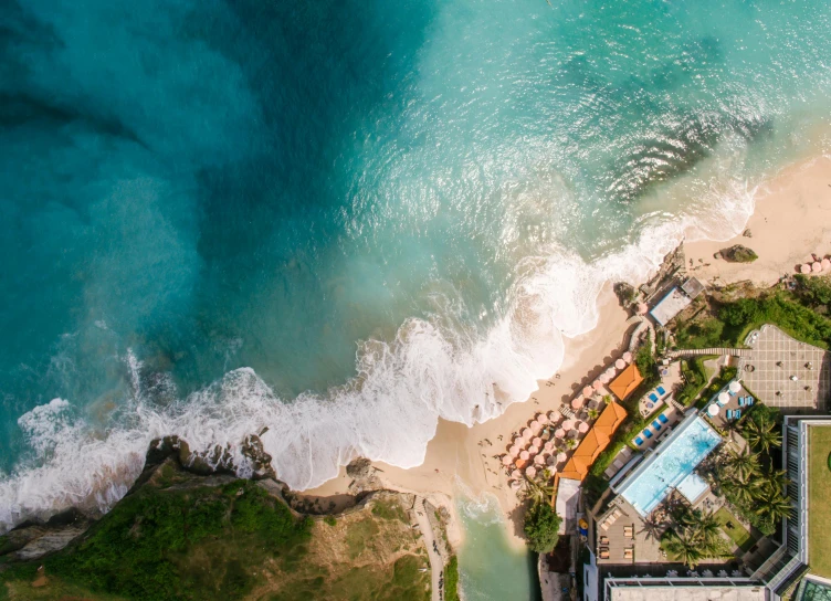 an aerial view of a beach and the ocean, pexels contest winner, renaissance, epic 3 d omolu, caribbean, slim aarons, resort