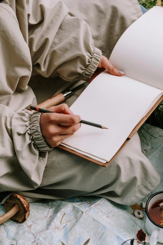 a person sitting on a blanket with a book and a cup of tea, a drawing, by Daniel Seghers, trending on unsplash, cosplay journal cover, holding pencil, brown paper, blank expression