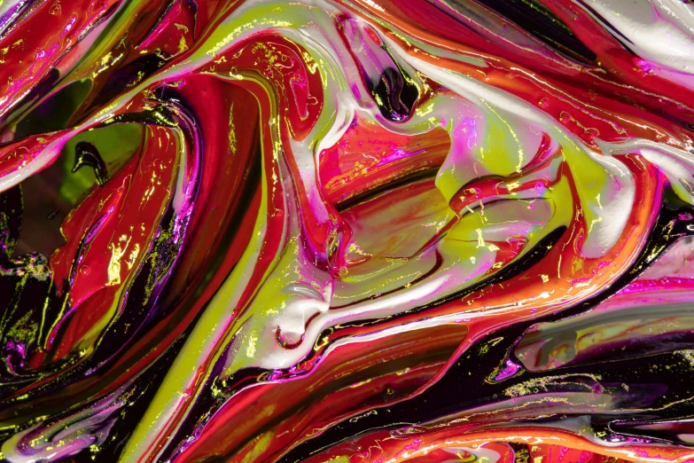 a close up of a colorful liquid painting, a digital painting, inspired by Umberto Boccioni, pexels, red and obsidian neon, green magenta and gold, pearlescent skin, technicolour 1