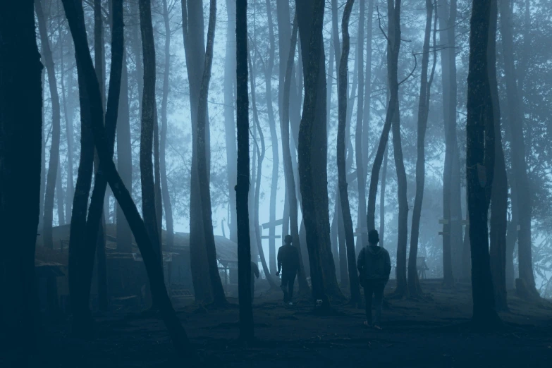 a group of people standing in the middle of a forest, a matte painting, by Eglon van der Neer, unsplash contest winner, conceptual art, moody blue lighting, ai weiwei and gregory crewdson, still frame from a movie, blue mood