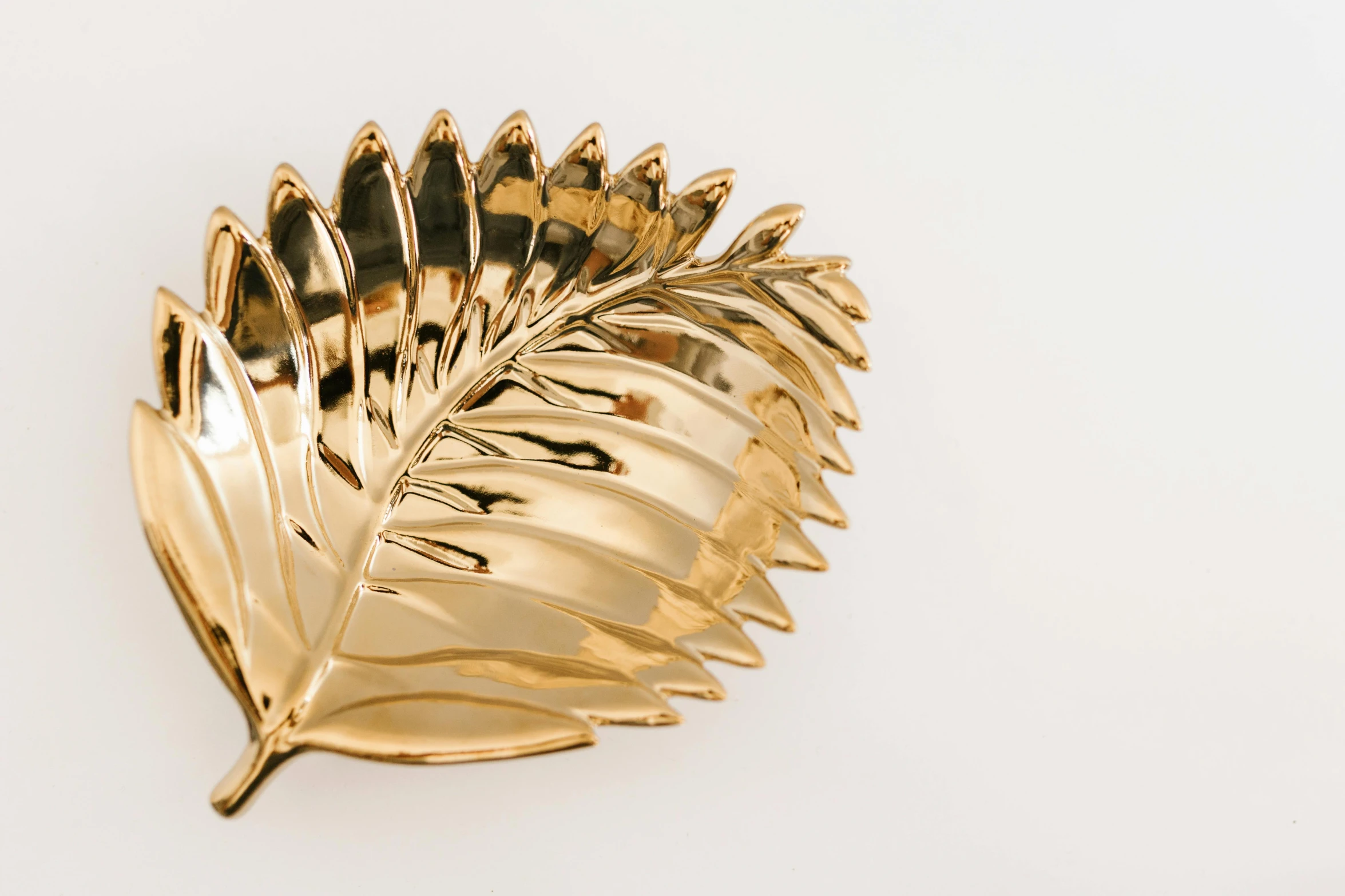 a gold leaf brooch on a white surface, an art deco sculpture, trending on unsplash, bowl, fronds, highly detailed product photo, silver platter