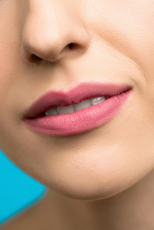 a close up of a woman's face with pink lipstick, teal color graded, soft volume absorbation, modelling, face shown