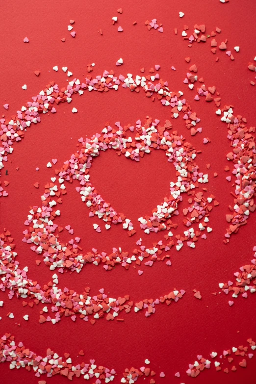 a spiral of confetti sprinkles on a red background, by Valentine Hugo, pexels, computer art, cupid, a cozy, long, photo still of