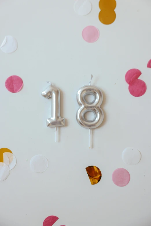 a clock with the number 18 on it surrounded by confetti, by Nina Hamnett, candle dripping white wax, 1 8 mm, silver, teen girl