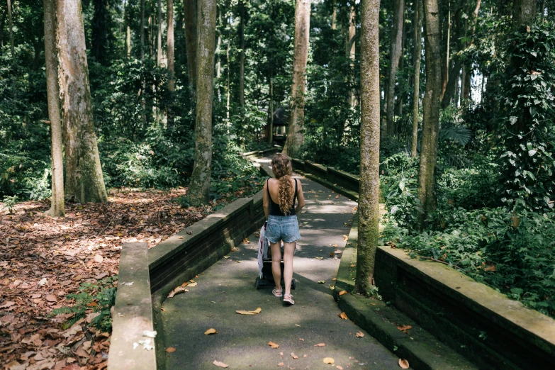 a woman walking down a path in the woods, pexels contest winner, bali, sydney park, avatar image, tropics