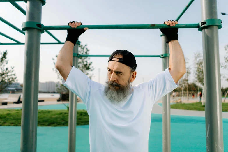 a man with a beard is on a monkey bar, by Julia Pishtar, happening, 5 5 yo, wearing fitness gear, hide the pain harold, square