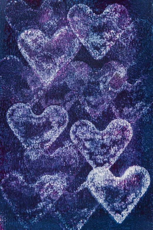 a close up of a painting of a bunch of hearts, poster art, inspired by Yves Klein, frosted texture, purple bioluminescence, demur, cyanotype