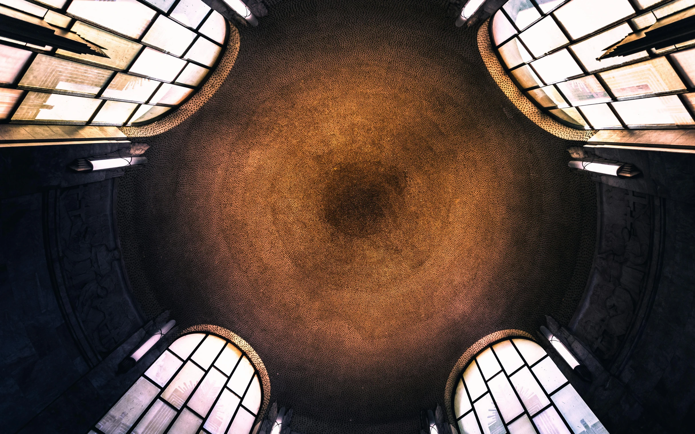 the ceiling of a building with lots of windows, an album cover, by Tobias Stimmer, unsplash contest winner, renaissance, rounded shapes, in a church. arstation, texture, high - angle view