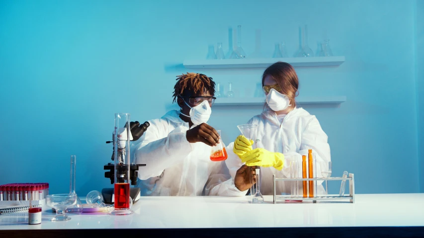 a couple of people that are in a lab, pexels, process art, sterile colours, thumbnail, high drama, quack medicine