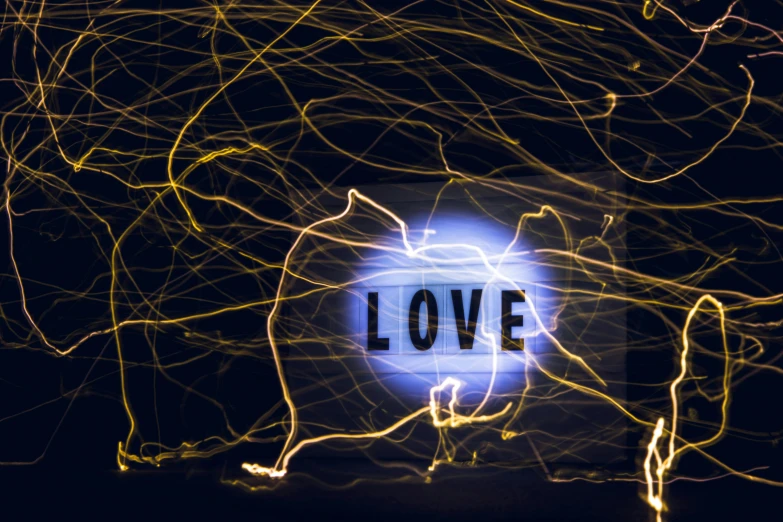 a blue light with the word love written on it, an album cover, by Joe Bowler, unsplash, large electrical gold sparks, houdini algorithm generative art, nerves, hay