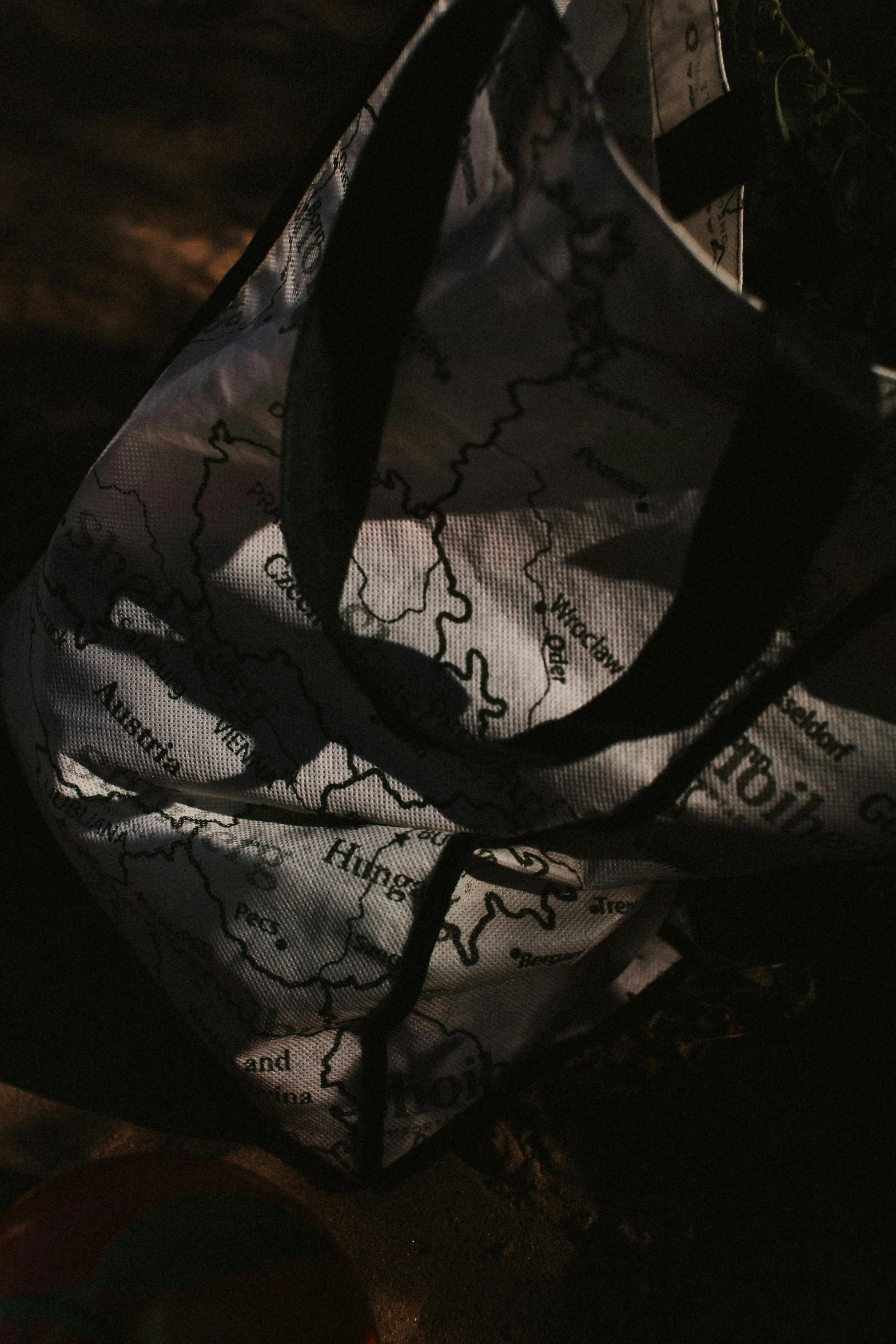 a white bag sitting on top of a wooden floor, by Thomas Häfner, unsplash contest winner, graffiti, lord of the rings map, screen printed, detail shot, fabric