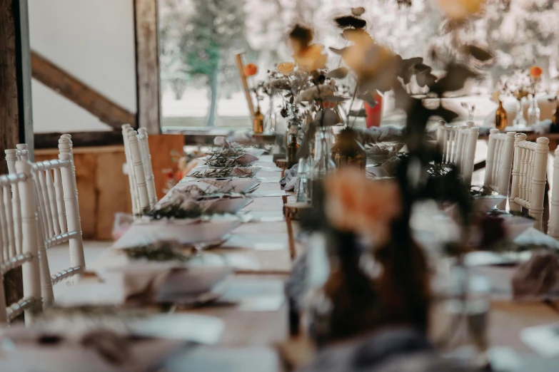a table that has a bunch of flowers on it, a tilt shift photo, by Emma Andijewska, pexels contest winner, renaissance, long table, cottagecore hippie, silver and muted colors, profile image