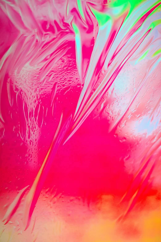 a close up of a pink and green painting, a microscopic photo, by Doug Ohlson, lyrical abstraction, vibrant light leaks, red liquid, made of holographic texture, ( ( abstract ) )