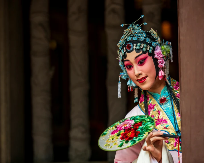 a close up of a person wearing a costume, inspired by Lan Ying, pexels contest winner, beautiful surroundings, square, peking opera, various posed