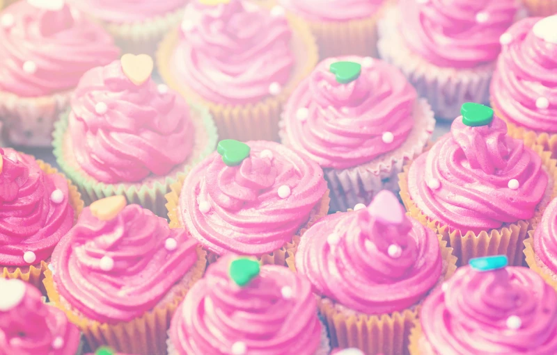 a bunch of cupcakes with pink frosting and sprinkles, pexels, pop art, vintage colours, purple - tinted, thumbnail, mini