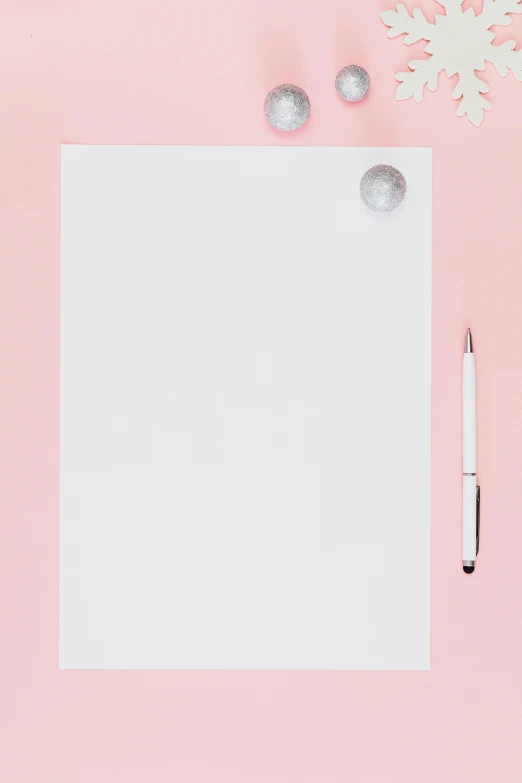 a white sheet of paper and a pen on a pink background, by Gavin Hamilton, trending on unsplash, 144x144 canvas, pure white background, poster template on canva, white and silver
