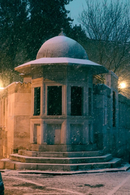 a person walking in the snow with an umbrella, a marble sculpture, by Arthur Sarkissian, unsplash contest winner, art nouveau, in persian temple wet night, panorama, tomb raidar, neighborhood