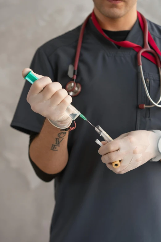 a male doctor with a stethoscope in his hand, a tattoo, shutterstock, holding syringe, overdose, instagram photo, 2000s photo