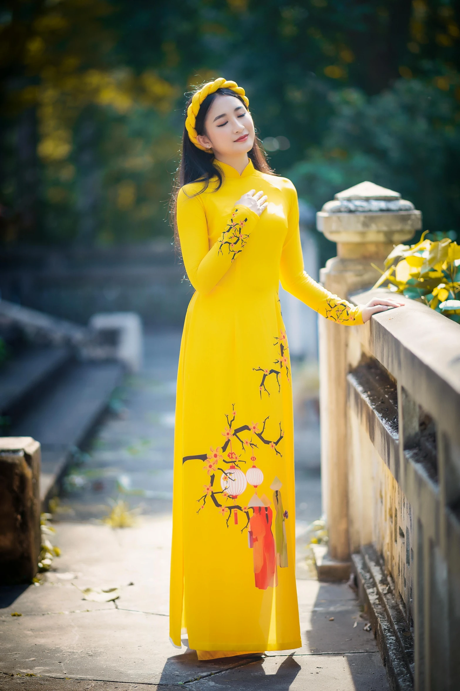 a woman in a yellow dress standing on a bridge, inspired by Jin Nong, ao dai, 👰 🏇 ❌ 🍃, full body model, 1 6 0 0 s