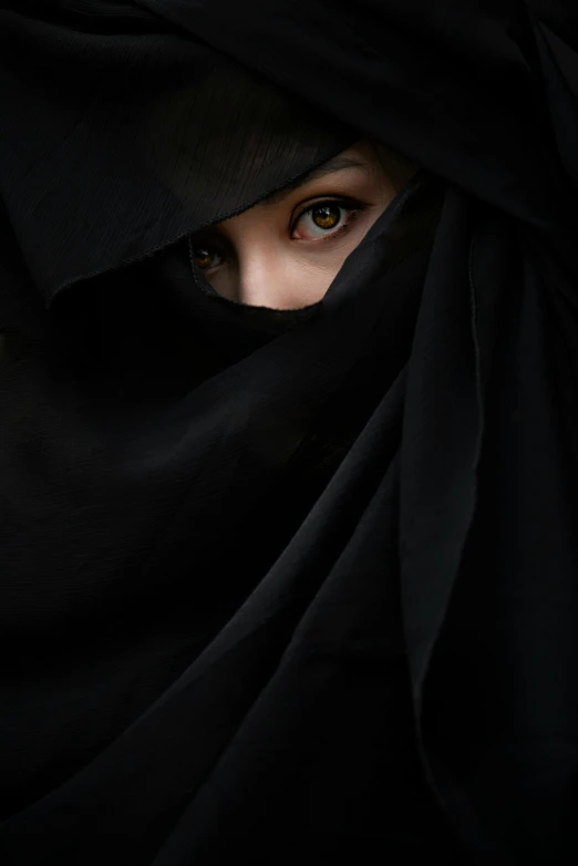 a woman wearing a black veil covering her face, an album cover, unsplash contest winner, hurufiyya, human staring blankly ahead, photographed for reuters, infp young woman, black scarf