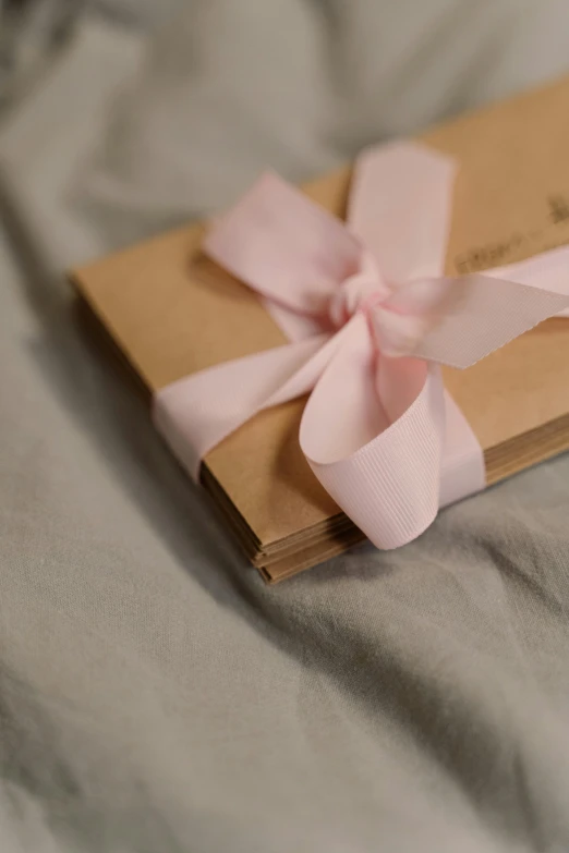 a book sitting on top of a bed covered in a pink ribbon, by Eden Box, unsplash, private press, brown paper, invitation card, close up shot from the side, cards