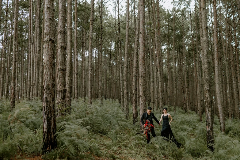 a couple of people walking through a forest, a photo, unsplash, art nouveau, avatar image, te pae, full length shot, black