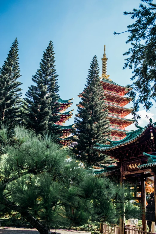 a pagoda surrounded by pine trees in a park, trending on unsplash, cloisonnism, ✨🕌🌙, 2 5 6 x 2 5 6 pixels, chinatown, exterior of scifi temple