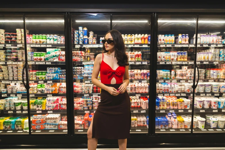 a woman standing in front of a refrigerator in a grocery store, by Julia Pishtar, pexels contest winner, hyperrealism, tube-top dress, mai anh tran, on a hot australian day, charli xcx