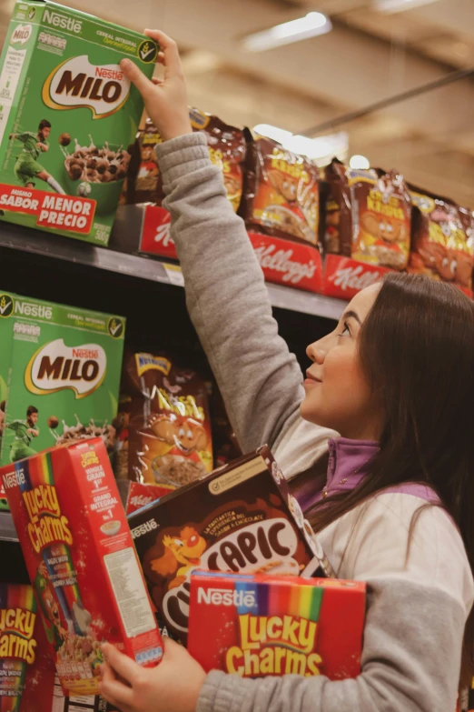 a little girl that is standing in front of a shelf, food advertisement, pokimane, inspect in inventory image, chilean