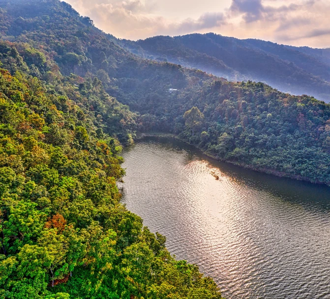 a large body of water surrounded by trees, a digital rendering, pexels contest winner, sumatraism, uttarakhand, lush forest in valley below, slide show, warm glow