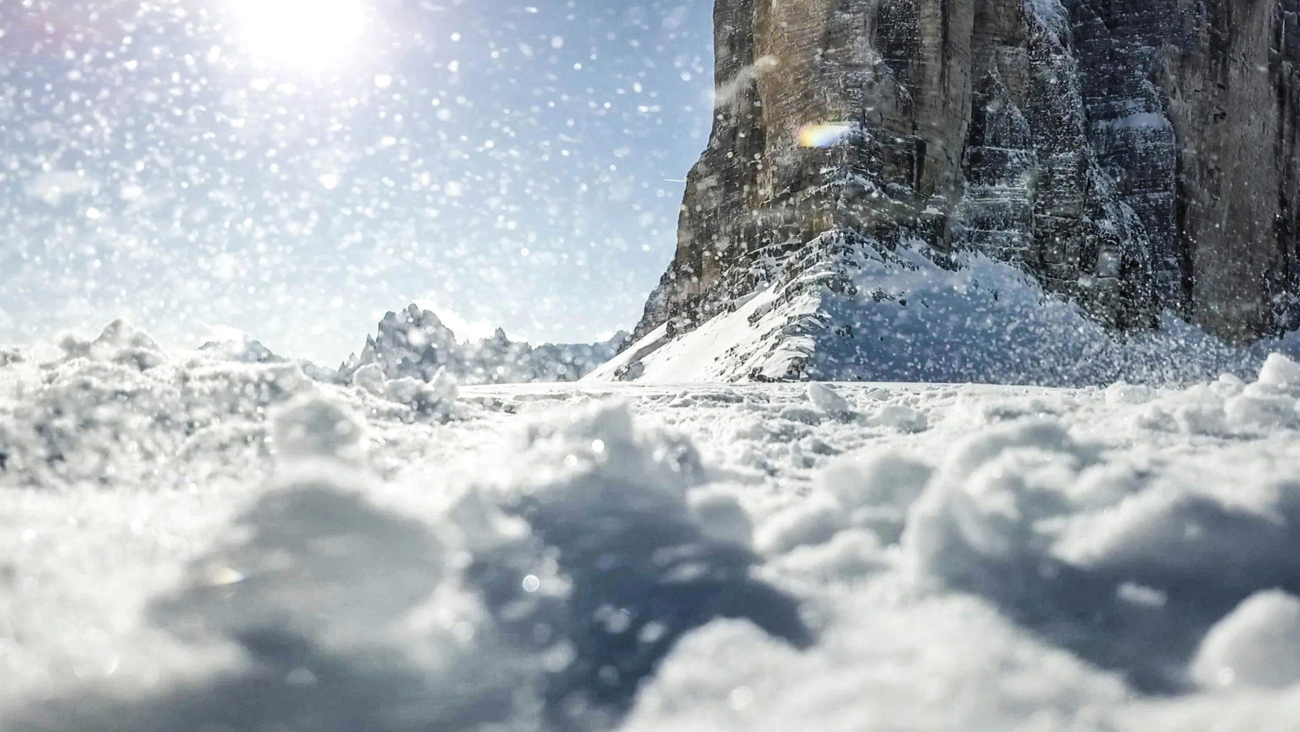 a man riding skis down a snow covered slope, a detailed matte painting, inspired by jessica rossier, pexels contest winner, hyperrealism, photo of shiprock, extreme close up shot, water droplets frozen in time, unreal engine 5 hdr