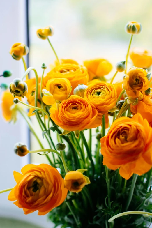 a vase filled with yellow flowers next to a window, inspired by Tang Di, unsplash, buttercups, vibrant orange, bouquet, exquisite and smooth detail