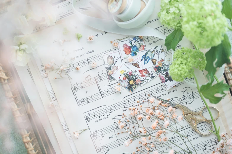 a book sitting on top of a table next to a bunch of flowers, an album cover, trending on pexels, sheet music, magical notes, delicate garden on paper, detail shot