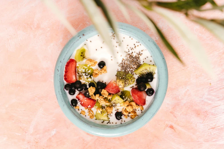 a blue bowl filled with fruit and yogurt, by Julia Pishtar, trending on pexels, terrazzo, greens), 🦩🪐🐞👩🏻🦳, infused with a dream