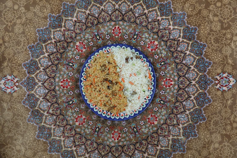 a close up of a plate of food on a table, by Kamāl ud-Dīn Behzād, qajar art, lying on a mandala, hyperrealistic mixed media, ffffound, rice