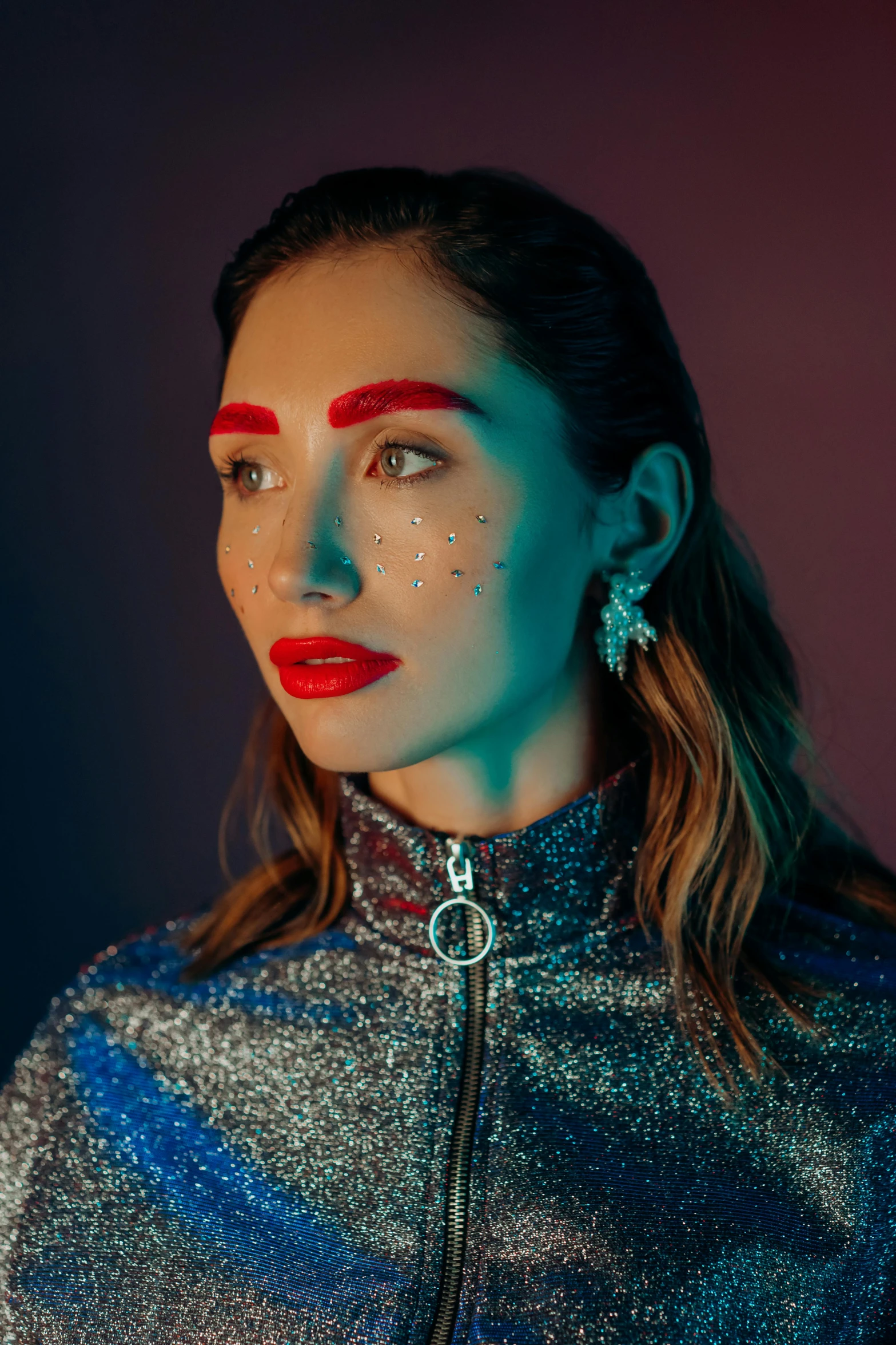 a woman with bright makeup and red lipstick, inspired by Julia Pishtar, gal gadot and tribbles, chrome facial piercings, official store photo, lights on