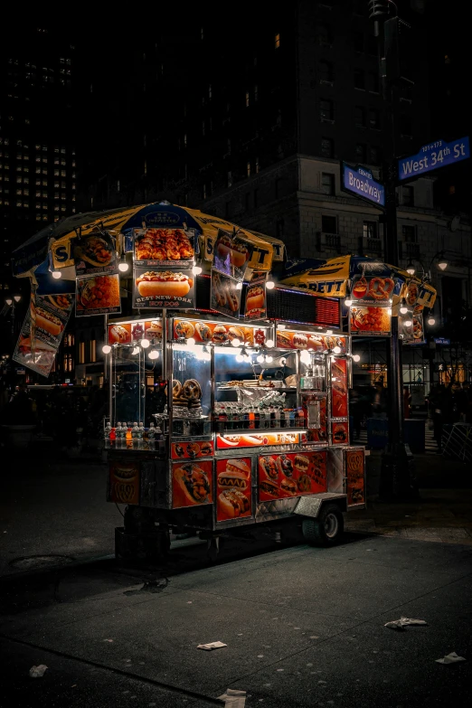 a food cart on a city street at night, by Daniel Seghers, pexels contest winner, photorealism, manhattan, square, deep fried, high quality photo