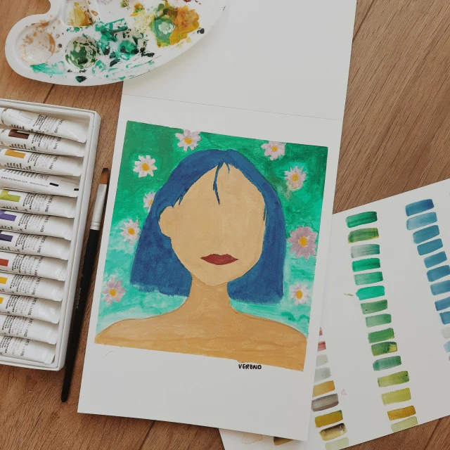 a painting of a woman with blue hair, a watercolor painting, inspired by Pablo Picasso, trending on pexels, process art, midsommar color theme, drawing for children, art set, paper cutouts of plain colors