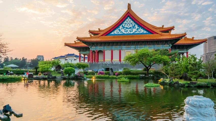 a building that is next to a body of water, inspired by Kanō Tan'yū, pexels contest winner, avatar image, chinese heritage, a park, scenic colorful environment