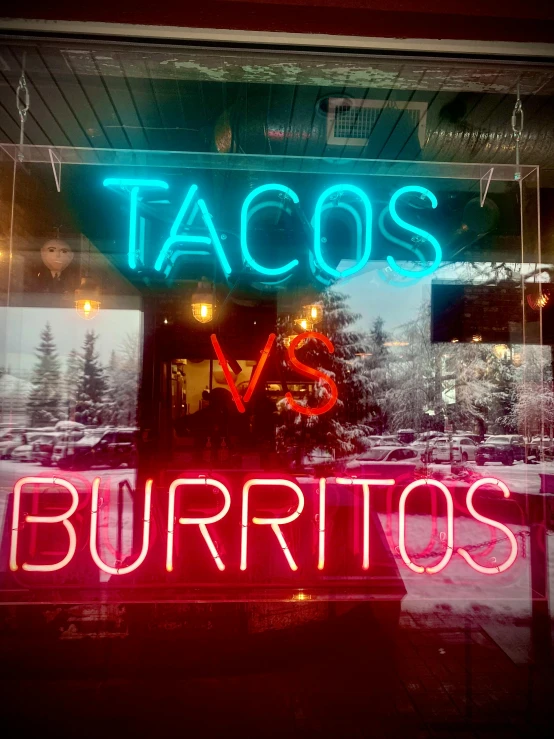 a neon sign that says tacos vs burritos, a photo, by Carey Morris, profile image, fargo, highly upvoted, thumbnail