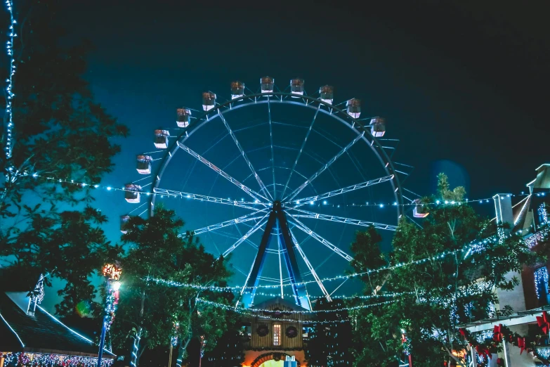 a ferris wheel is lit up at night, by Niko Henrichon, unsplash contest winner, romanticism, city lights made of lush trees, avatar image, festivals, profile image